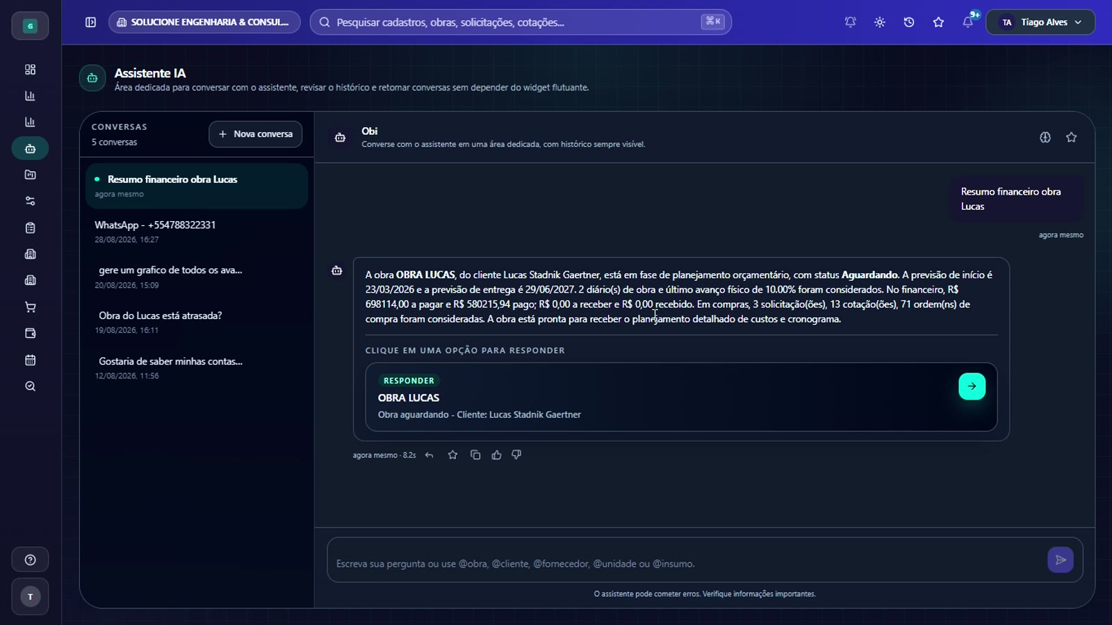 Tela do assistente de inteligência artificial Obi da Gestabi